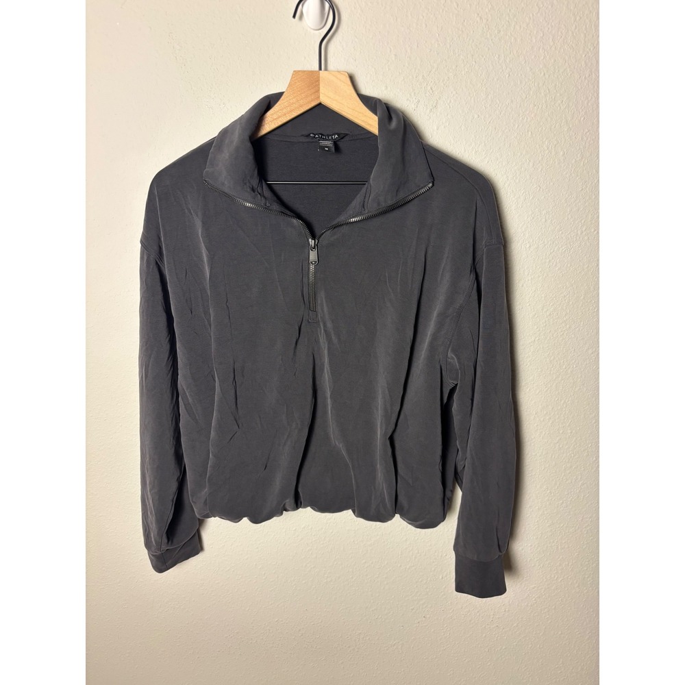 Athleta Seasoft Quarter Zip Bubble Hem Sweatshirt Charcoal Grey Womens Medium - Picture 1 of 4
